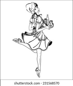 Vector illustration of waitress in Christmas hat in retro style running with beer order