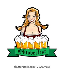 Vector illustration of waitress with mugs of beer. Oktoberfest logo, sticker. Vector isolated illustration on a white background.