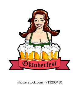 Vector illustration of waitress with mugs of beer. Oktoberfest logo, sticker. Vector isolated illustration on a white.