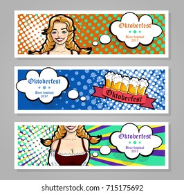 Vector illustration of waitress with mugs of beer. For banner, cover, booklet or flyer. Oktoberfest design template