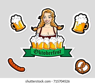 Vector illustration of waitress with mugs of beer, . Oktoberfest stickers, logo.