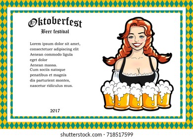 Vector illustration of waitress with mugs of beer. For banner, booklet or flyer. Oktoberfest design template.