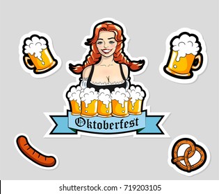 Vector illustration of waitress with mugs of beer. Oktoberfest stickers, logo.