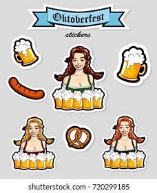 Vector illustration of waitress with mugs of beer. Oktoberfest stickers, logo.
