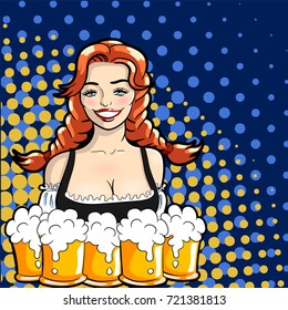 Vector illustration of waitress with mugs of beer. Pop art style.