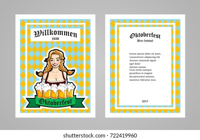 Vector illustration of waitress with mugs of beer. For banner, booklet or flyer. Oktoberfest design template.