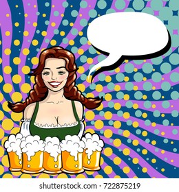 Vector illustration of waitress with mugs of beer. Pop art style.