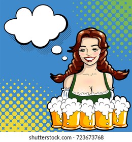 Vector illustration of waitress with mugs of beer. Pop art style.