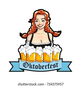 Vector illustration of waitress with mugs of beer. Oktoberfest logo, sticker. Vector isolated illustration on a white background.