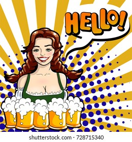 Vector illustration of waitress with mugs of beer. Pop art style.