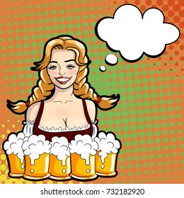 Vector illustration of waitress with mugs of beer. Pop art style