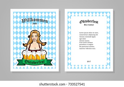 Vector illustration of waitress with mugs of beer. For banner, booklet or flyer. Oktoberfest design template.