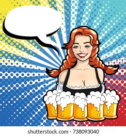 Vector illustration of waitress with mugs of beer. Pop art style.