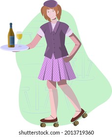Vector illustration of waitress on roller skates with wine and bottle on a tray
