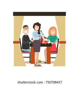 Vector illustration of waitress pouring glasses of red wine to visitors male and female sitting at table in sidewalk cafe. Street people flat style design element, icon isolated on white background.