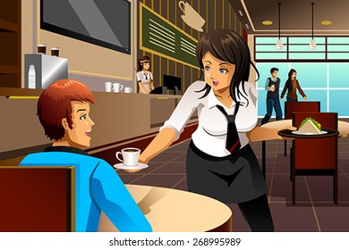 A vector illustration of a waitress in a restaurant serving customers