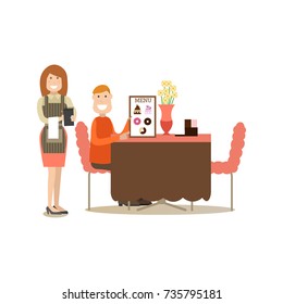Vector illustration of waitress taking order from visitor male sitting at table and holding menu. Coffee house people flat style design element, icon isolated on white background.