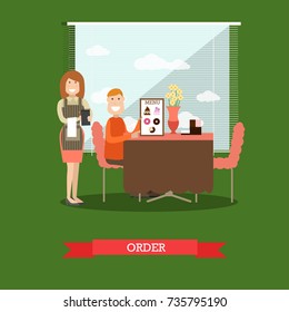 Vector illustration of waitress taking order from visitor male sitting at table and holding menu. Coffee house interior. Flat style design.
