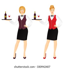 Vector illustration of  waitress in  uniform with tray.
