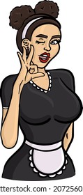 vector illustration of a waitress winks and shows an okay sign. cute girl in black dress with apron