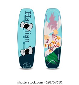 Vector illustration of wakeboard with fixation for shoes isolated on white background. Two sides of wakeboard flat style design elements.