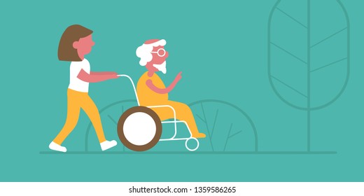 A vector illustration of a walk in a nursing home. The girl accompanies the old man. Caring for old people. Social advertising, signboard, billboard, web.