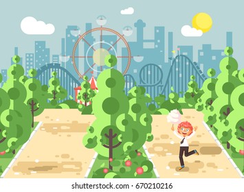 Vector illustration walk stroll promenade boy, school child, child's day, holds cotton candy in hands on alley pavement in amusement park outdoor, roller coaster switchback background flat style