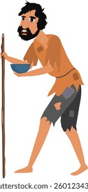 A vector illustration of a walking beggar holding a stick and bowl, dressed in tattered clothes, symbolizing poverty and resilience in a simple, impactful design.