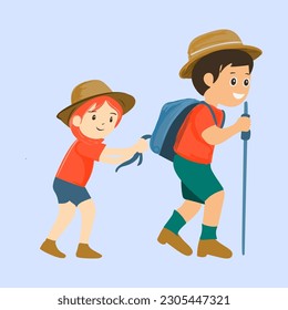 Vector illustration of a walking boy, helping a scared girl. Travelling children with backpacks. Scouts, travelers or holiday makers picture. Bright cute illustration