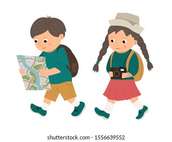 Vector illustration of a walking boy, looking into a map and a girl with camera. travelling children with backpacks. Scouts, travelers or holiday makers picture. Bright cute illustration