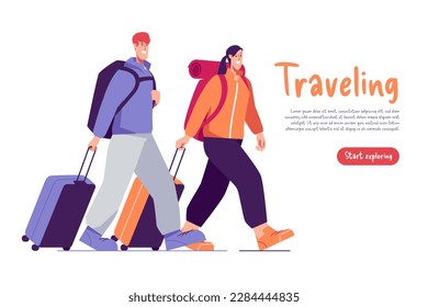 Vector illustration of walking couple of hikers travelers with backpacks and suitcases.