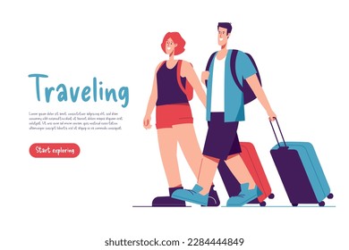 Vector illustration of walking couple of tourists travelers with backpacks and suitcases.