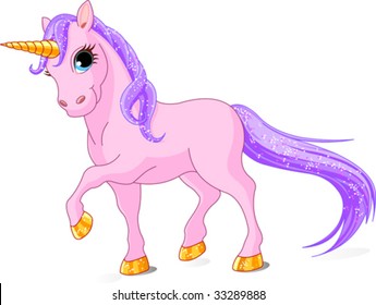 Vector Illustration of walking cute pink Unicorn.