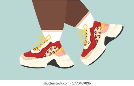 Vector Illustration of Walking Feet in colorful Sneakers. Woman Legs in Modern Activity Shoes.  Cartoon red Sneakers with Leopard Print and white Sole. Lifestyle Afro Girl for Web, Design,Graphic.