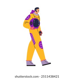 Vector illustration of a walking female astronaut in a spacesuit with a helmet in her hands. This vector illustration embodies the readiness for space adventures