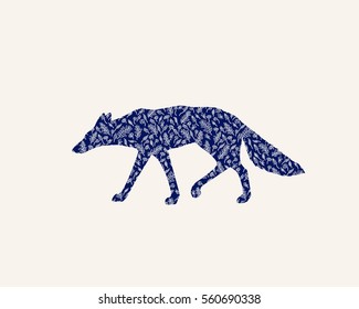 Vector illustration of walking fox silhouette patterned with hand drawn floral elements. 