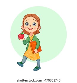 Vector illustration of walking girl with a red apple and a book. Back to school character.