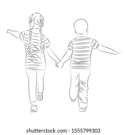 Vector illustration of walking kids. Boy little girl holding hands. Drawing children from the back.