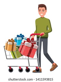 Vector illustration of walking man in casual clothes with shopping vart full of presents. Cartoon realistic people. Flat young man. Front view, Isometric view. 