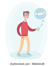 Vector illustration of walking man hold phone in his hand. He got a message