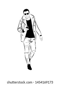 
Vector illustration of a walking man. Sketch of a young man. Figure men in a jacket and jeans.