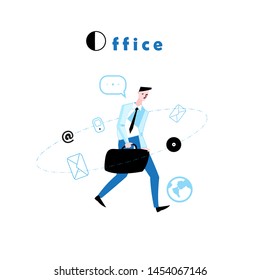 Vector illustration of a walking manager to work in the office. Iollustration on white background for business poster or cover.