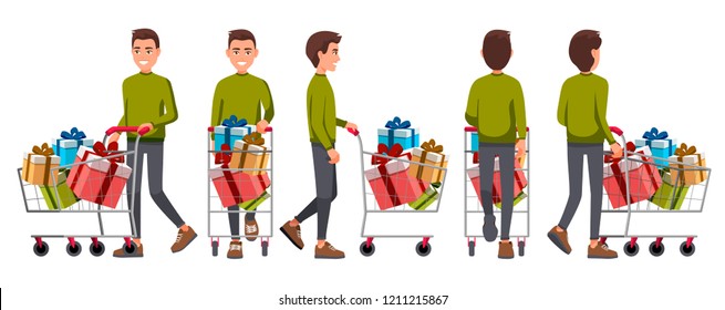 Vector illustration of walking men in casual clothes with shopping vart full of presents. Cartoon realistic people set. Flat young man. Front view, Side view , Back side view , Isometric view. 