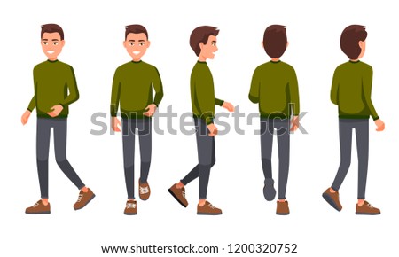 Vector illustration of walking men in casual clothes under the white background. Cartoon realistic people set. Flat young man. Front view man, Side view man, Back side view man, Isometric view. 