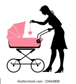 Vector illustration of the walking mother, pushing the stroller and playing with her baby.