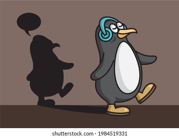 Vector illustration of a walking penguin character wearing earphones.