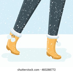 Vector illustration of walking person legs. Boots with bubonic in snowy day