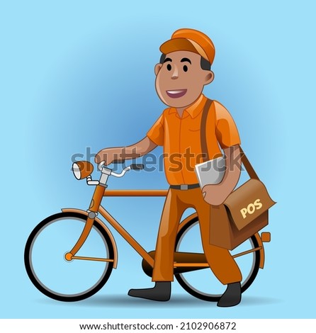 Vector illustration, a walking postman pushing his bicycle.