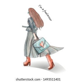 Vector illustration of a walking woman isolated on white background. Fashion winter outfit. Flat style. Good for for t-shirt prints and online marketing.