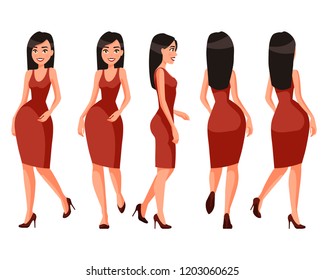 Vector illustration of walking woman with long hair in red dress under the white background.Cartoon realistic people illustration.Flat young woman.Front, side and back views. Isometric view.